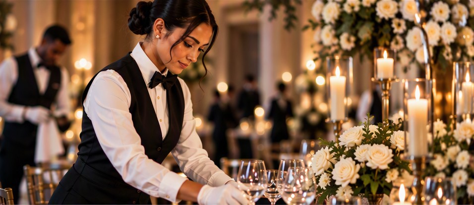 A Luxe server in a black vest and bow tie sets crystal glassware at a candlelit reception filled with white roses.